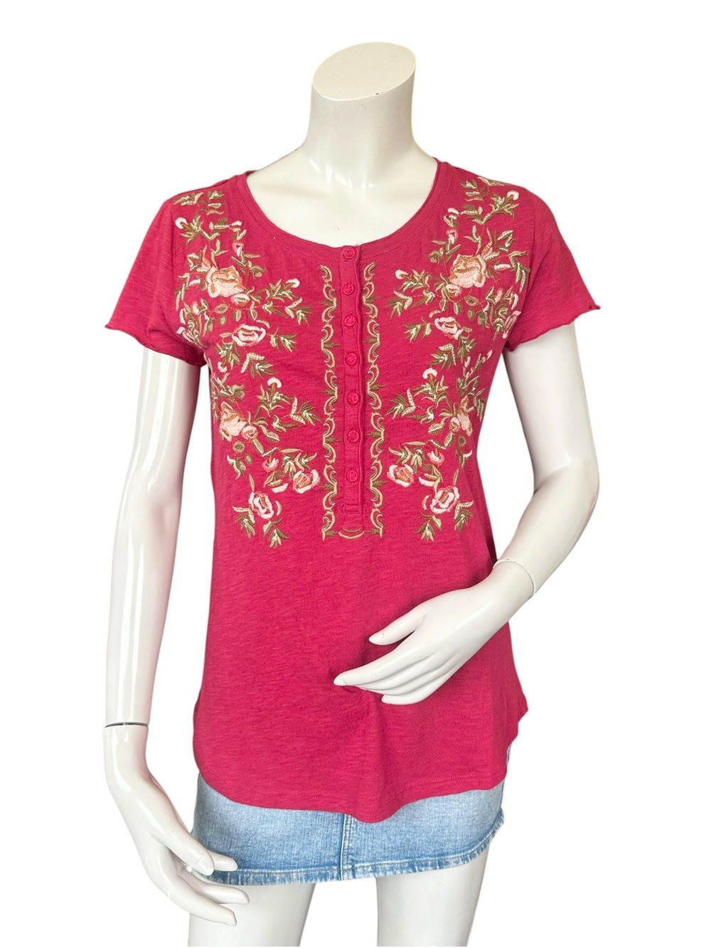 Sundance Pink Henley Cotton Green Floral Embroidered Short Sleeve Top Size XS